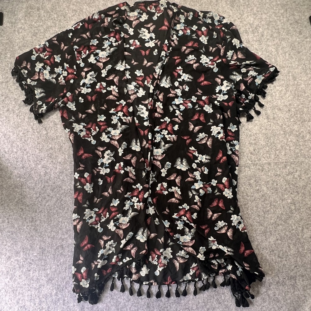 Shein Curve Butterfly Print Kimono‎ 4XL Black Tassel Trim Sheer Layer